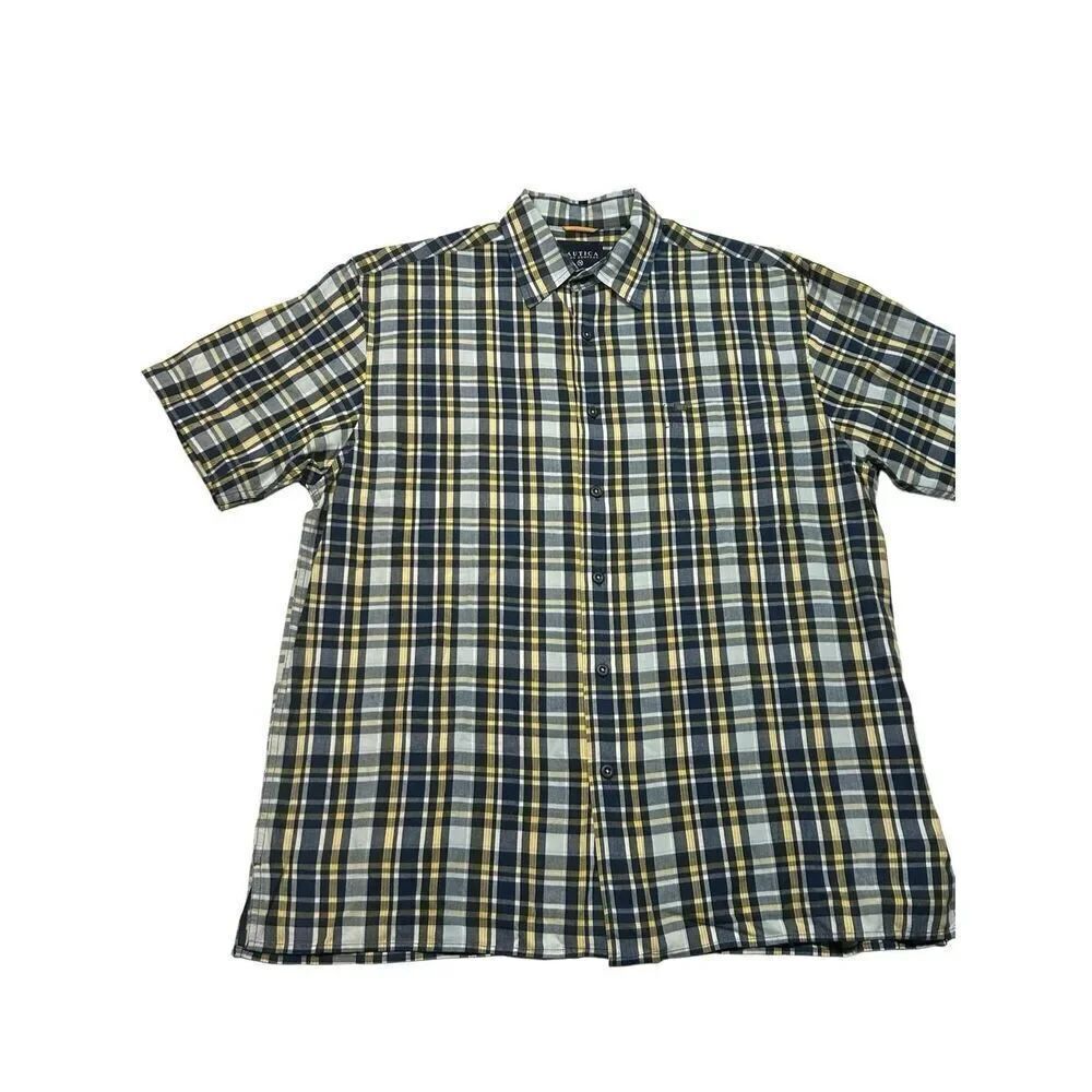 Nautica Jeans Co Men's Size L Blue Plaid Preppy Short Sleeve Button Down Shirt 1